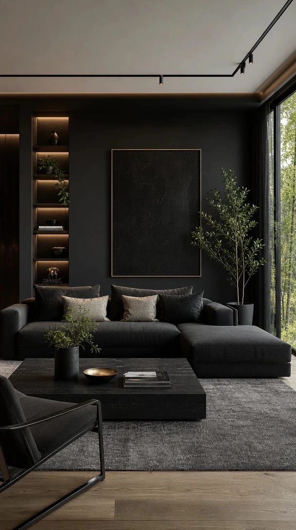 Planner 5D AI Studio — Black and cream living room with softened high contrast