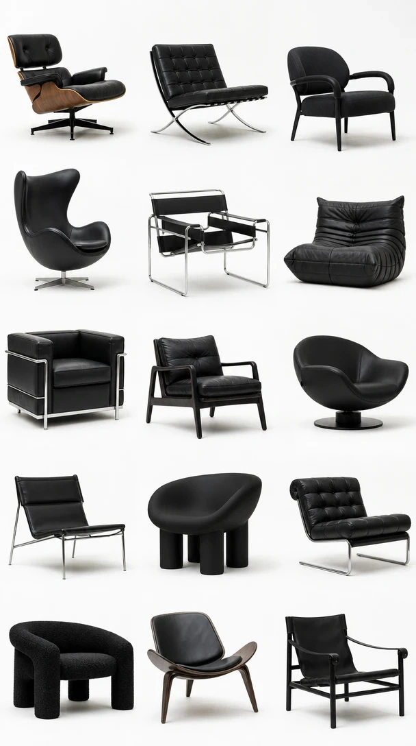 Planner 5D AI Studio — Black decor moodboard with furniture and living room accents