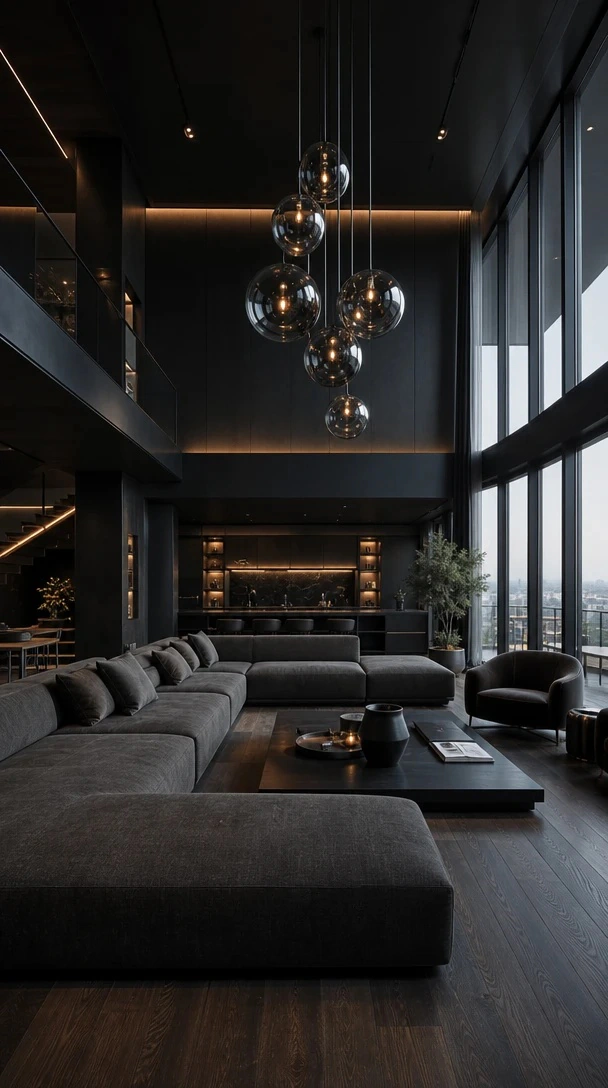 Planner 5D AI Studio — Black leather living room with city views and steel details