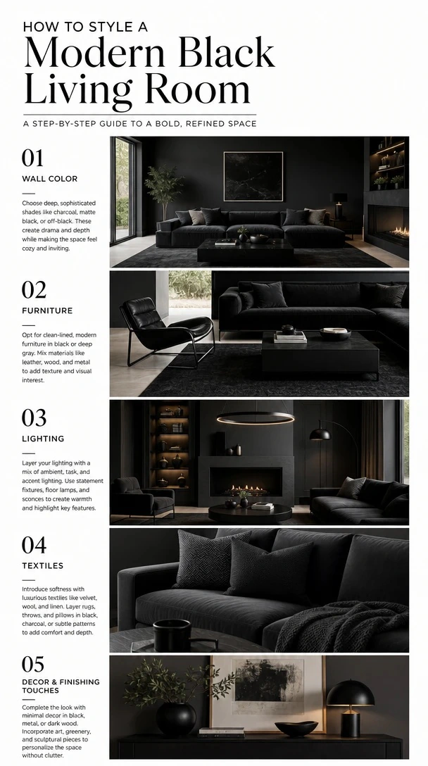 Planner 5D AI Studio — Black living room furniture ideas with modern shapes