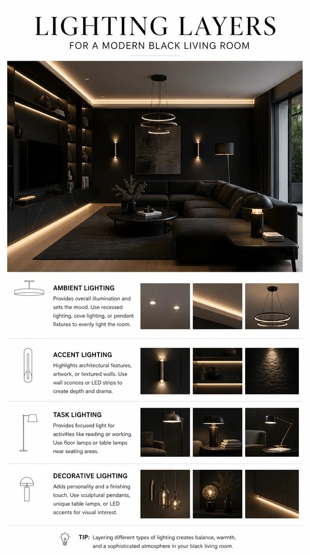 Planner 5D AI Studio — Black living room finishing touches with materials light and styling