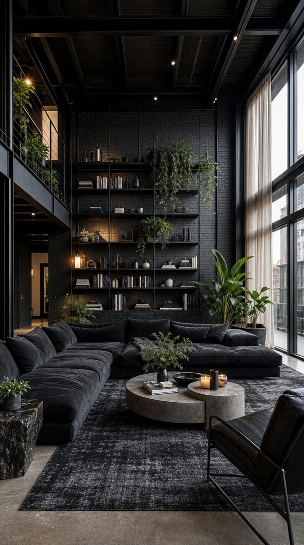 Planner 5D AI Studio — Black loft living room with double-height drama