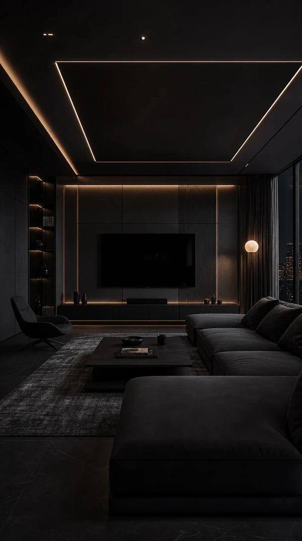 Planner 5D AI Studio — Black media room design with deep tones and hidden technology