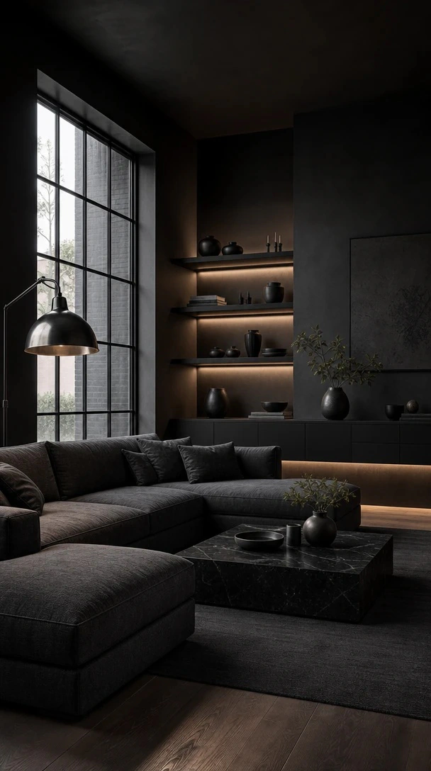 Planner 5D AI Studio — Black statement sofa in a sculptural living room