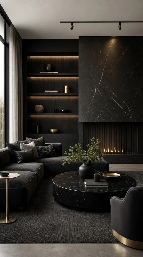 Planner 5D AI Studio — Black velvet sofa decor with sculptural ceramics