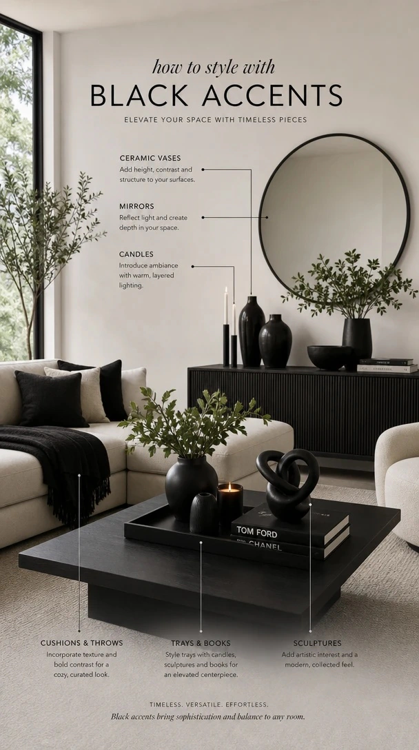 Planner 5D AI Studio — Bright living room with black accents and graphic contrast