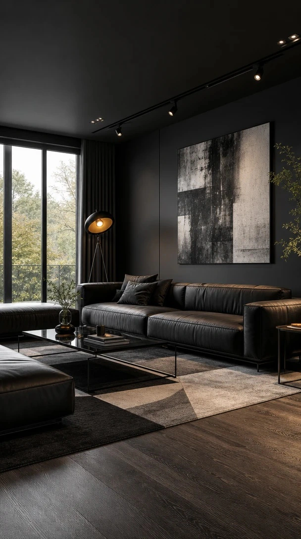 Planner 5D AI Studio — Black living room decor ideas with layered contrast and daylight