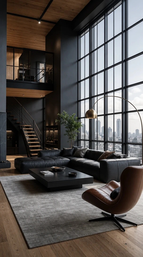 Planner 5D AI Studio — Black living room fireplace with stone and warm flame