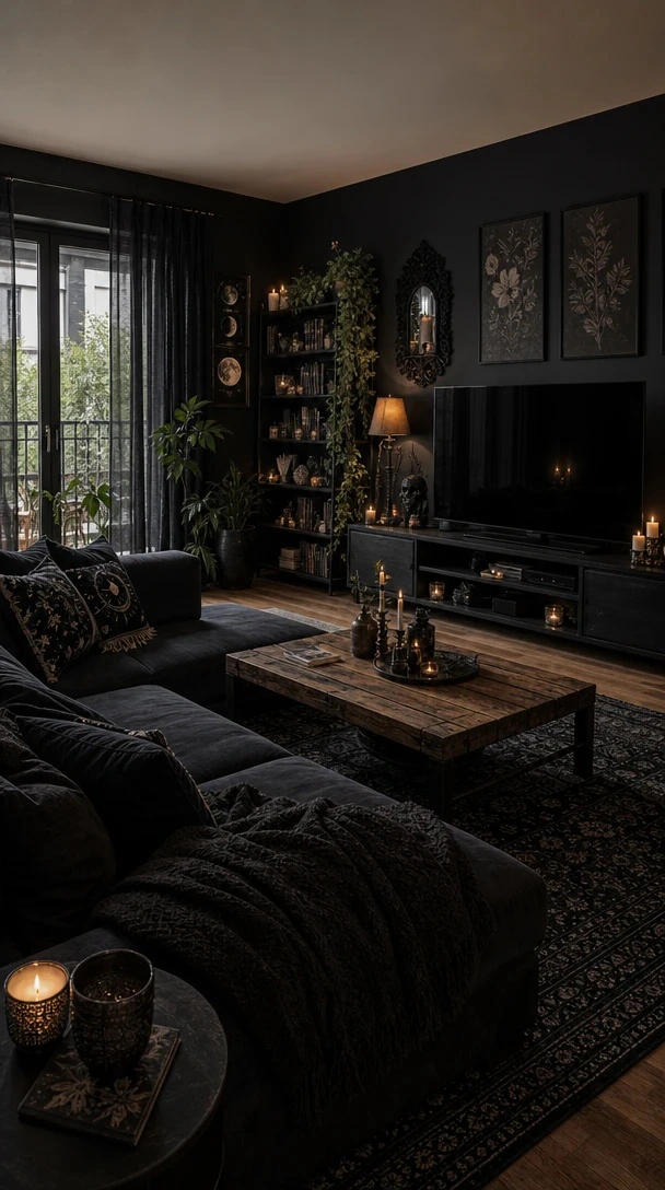 Planner 5D AI Studio — Modern black TV wall in a warm living room