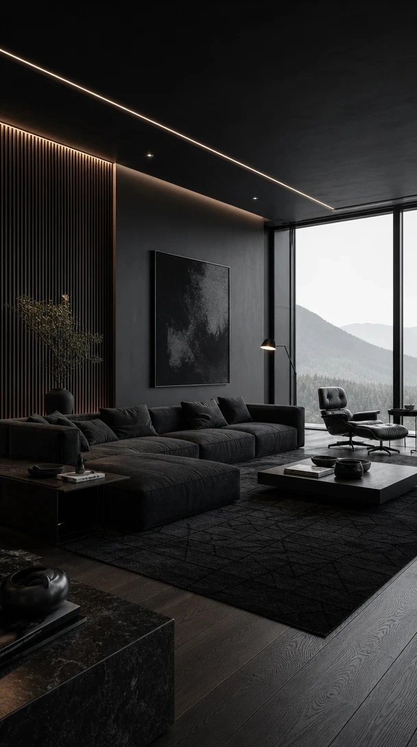 Planner 5D AI Studio — Moody black lounge decor with soft seating and layered light