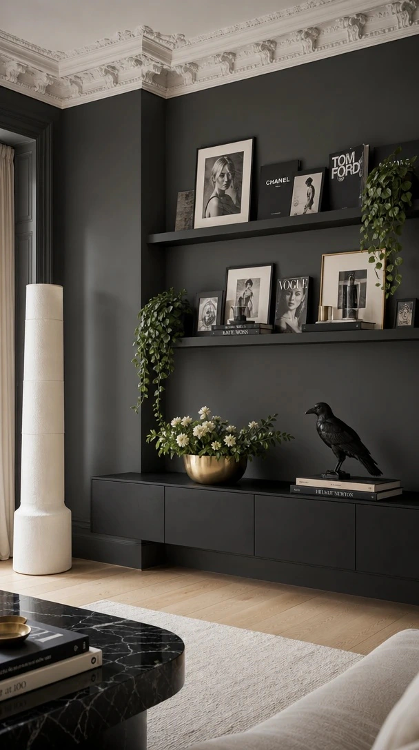 Planner 5D AI Studio — Textured black wall decor for a tactile living room