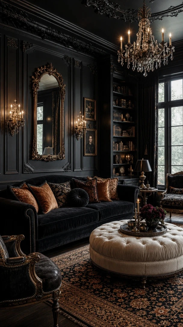 Planner 5D AI Studio — Warm black living room design with dark palette and architecture