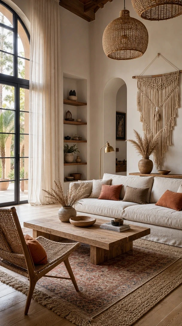 Arched Modern Boho Living Room with an architectural modern boho room with plaster arches, tall black windows, cream sofas and woven wall art