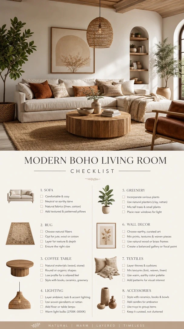 Best Decor Pieces for a Boho Living Room with an editorial guide to the best modern boho decor pieces including rattan lights, macrame and woven baskets