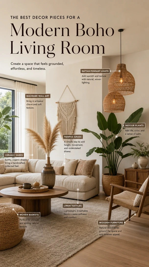 Boho Color and Texture Guide with a modern boho color and texture guide with sand, clay, olive, cream, rattan and weathered timber
