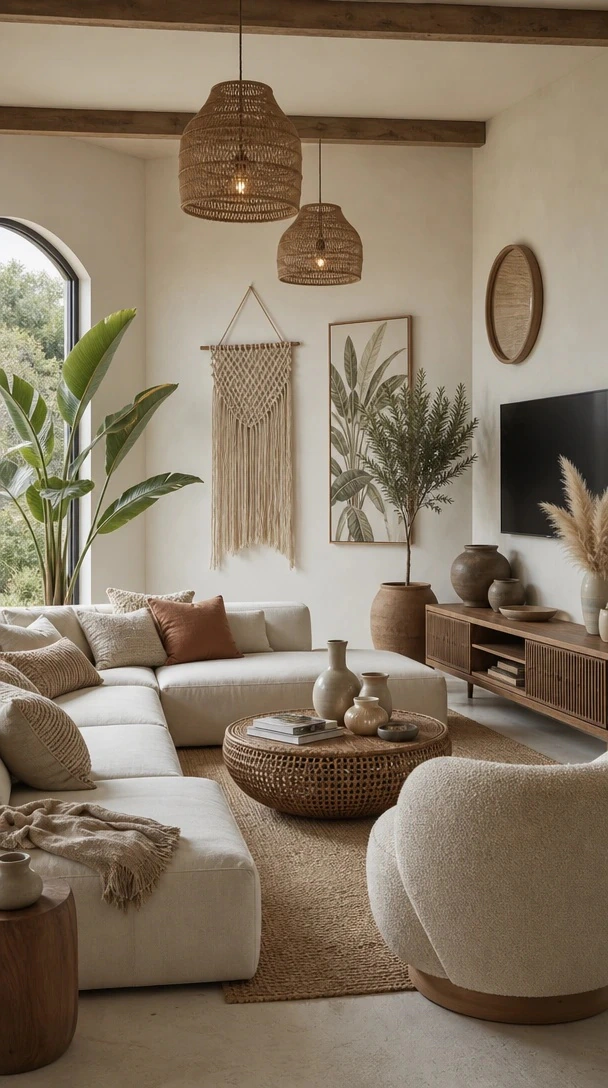 Boho Living Room with Exposed Beams with a modern boho lounge with exposed timber beams, twin rattan pendants, cream sectional and natural decor
