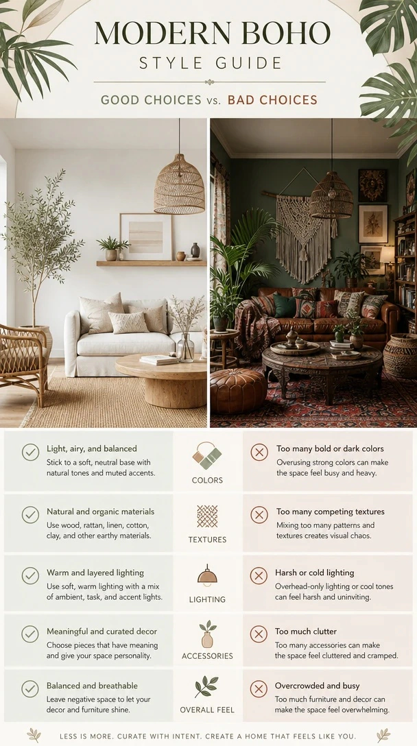 Boho Materials and Finishes with a modern boho material flatlay with limewash, pale timber, linen, boucle, rattan and olive green