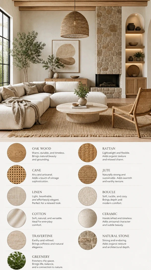 Bright Boho Family Living Room with a bright modern boho family room with cream sectional, built-in shelves, woven pendant and wood table