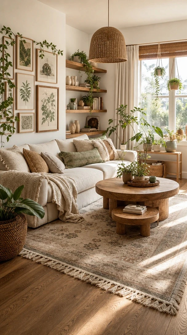 Collected Boho Gallery Wall with a collected boho living room with botanical gallery art, open shelves, layered neutral textiles and plants