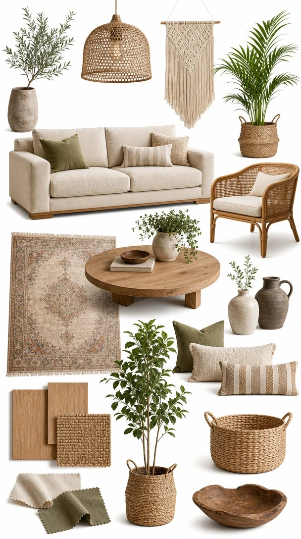 Complete Modern Boho Moodboard with a complete modern boho moodboard with sofa, lounge chair, wood table, woven rug, baskets and plants