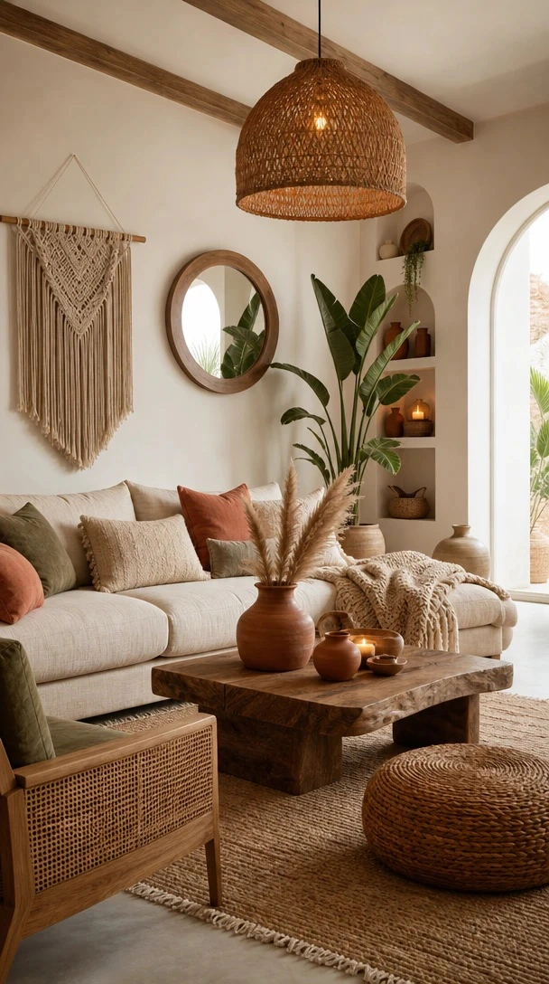 Earthy Boho Reading Corner with an earthy boho living room corner with warm daylight, macrame, rattan pendant and rustic timber accents