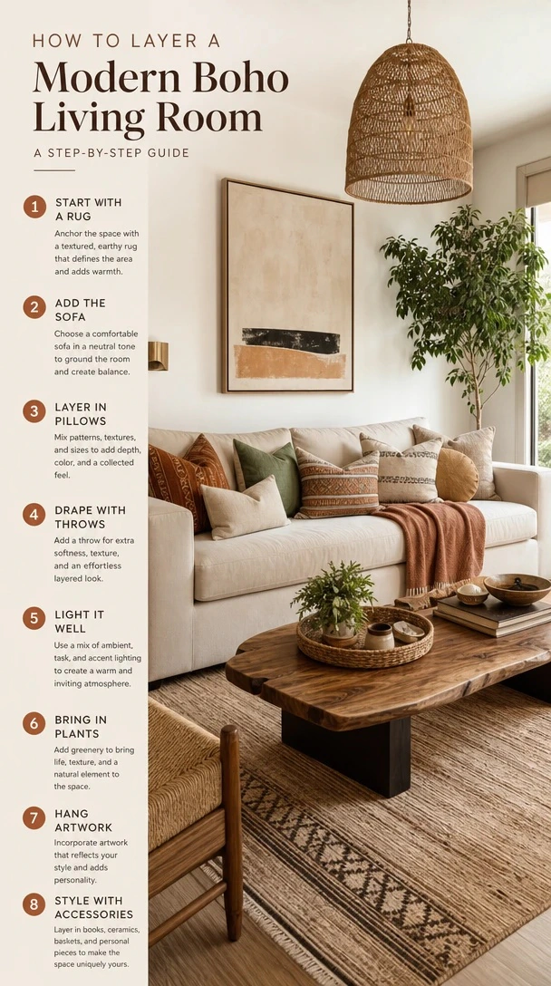 How to Layer a Modern Boho Living Room with an instructional modern boho living room showing a cream base, woven layers, warm wood and curated greenery