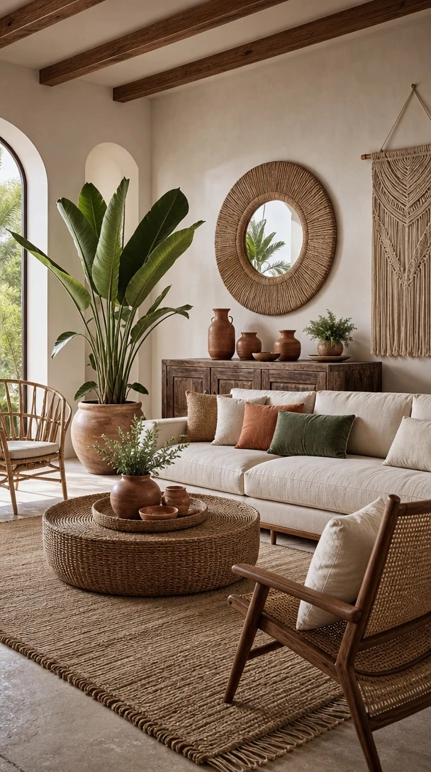Indoor Outdoor Boho Living Room with an indoor outdoor modern boho room with tall windows, tropical plants, cream seating and exposed beams