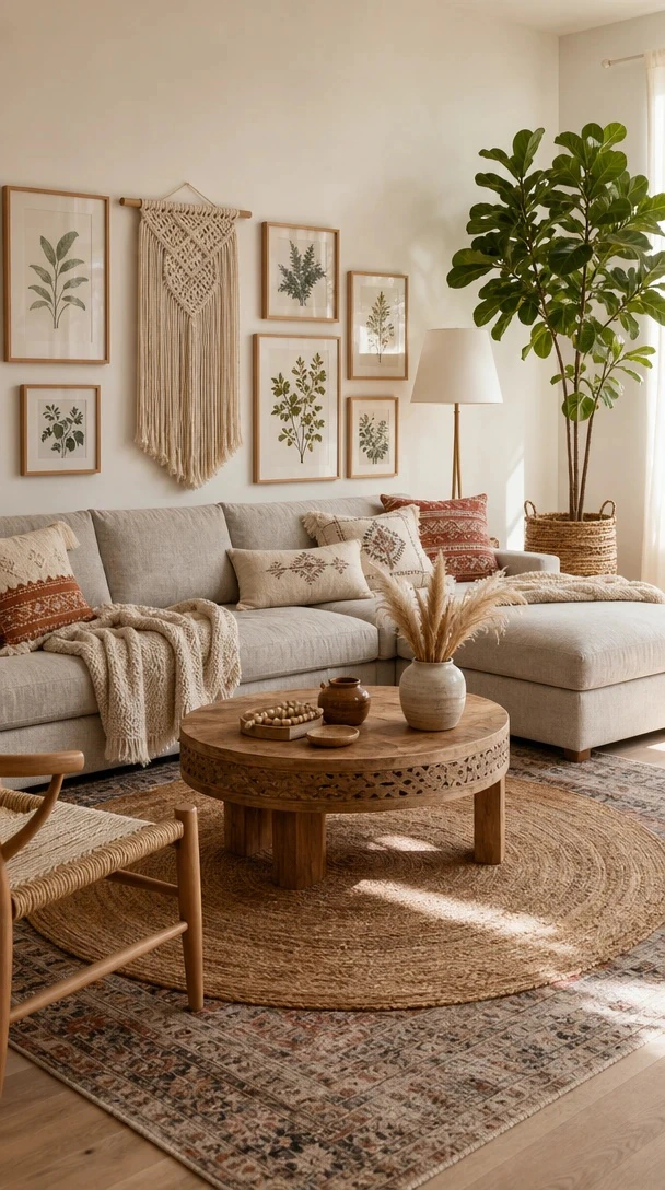 Macramé Living Room Decor with a bright boho living room with macrame wall hanging, botanical prints, round jute rug and pale sectional