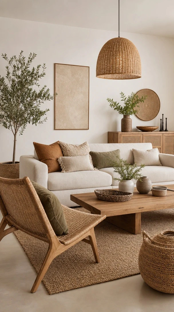Minimal Modern Boho Living Room with a minimal modern boho room with low cream seating, a woven pendant, lounge chair and restrained earth tones