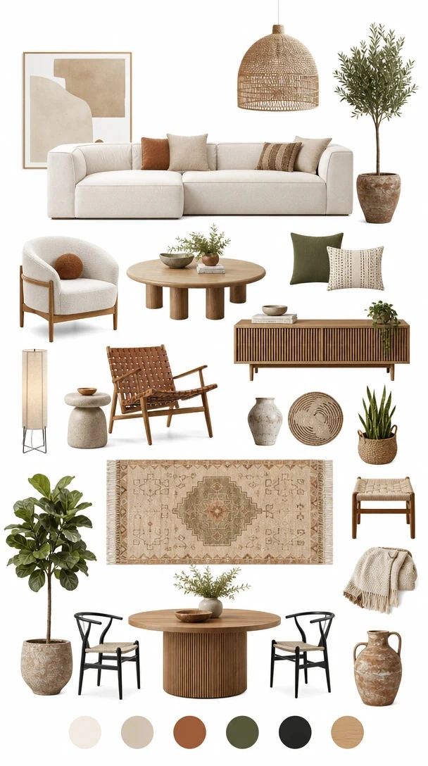 Modern Boho Furniture and Decor with a modern boho furniture moodboard with cream sofa, rattan chairs, wood tables, plants and woven decor