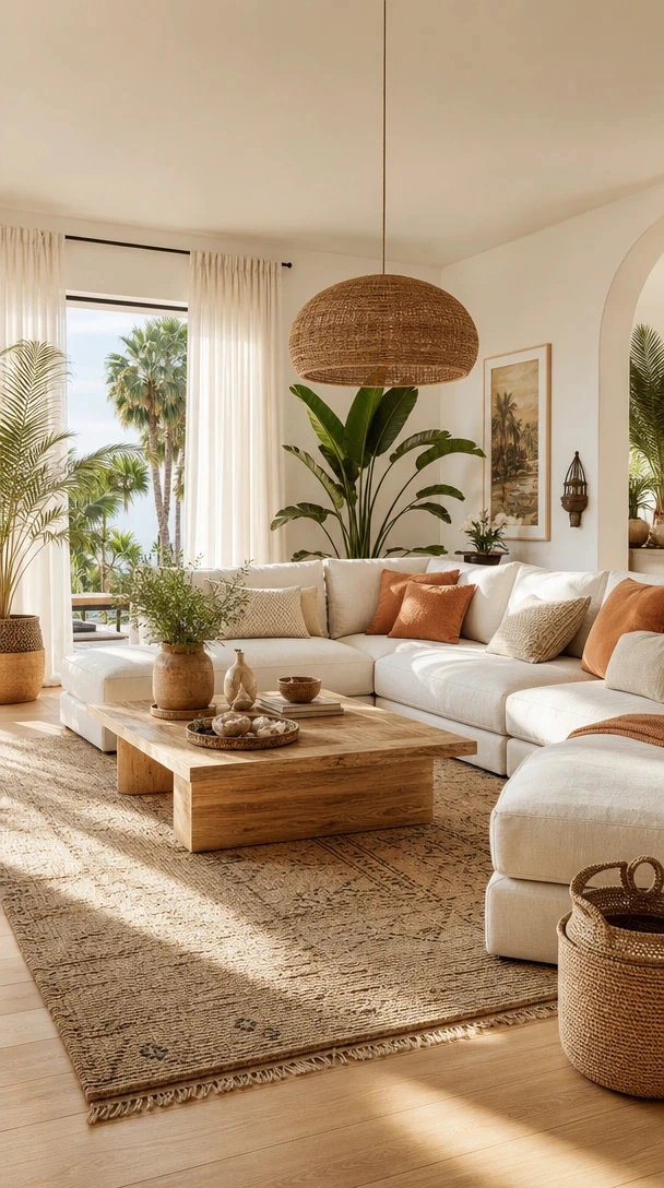 Modern Boho Living Room Breakdown with an annotated modern boho living room breakdown showing seating, lighting, natural materials and styling layers