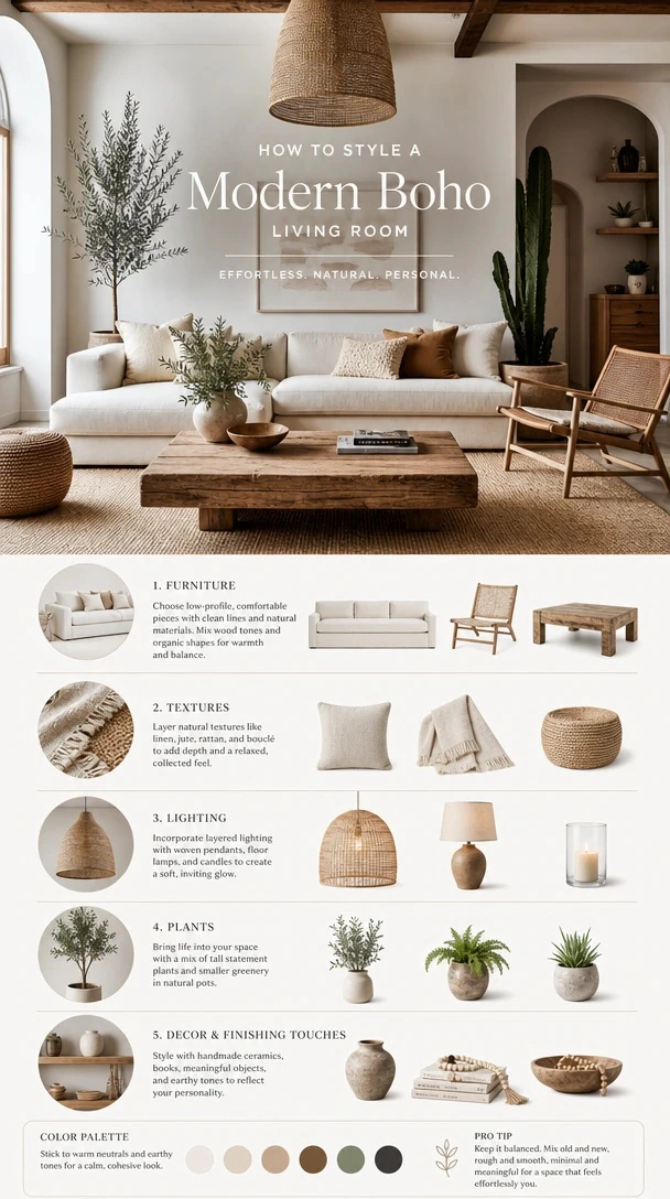 Modern Boho Living Room Checklist with a modern boho living room checklist with practical guidance for layout, palette, texture, lighting and decor