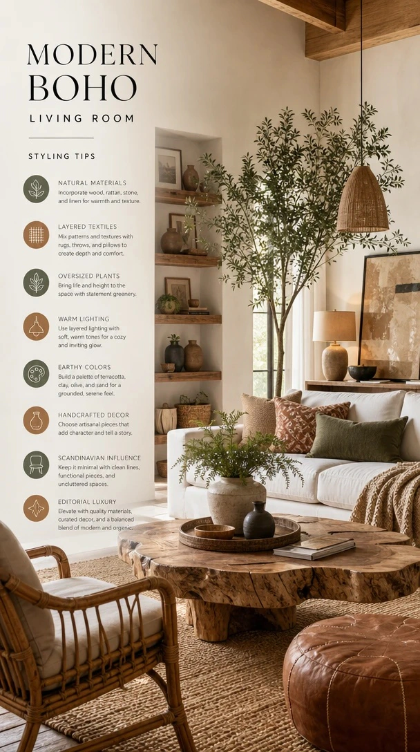 Modern Boho Style Guide with a modern boho good choices versus bad choices guide comparing balanced natural styling with cluttered decor