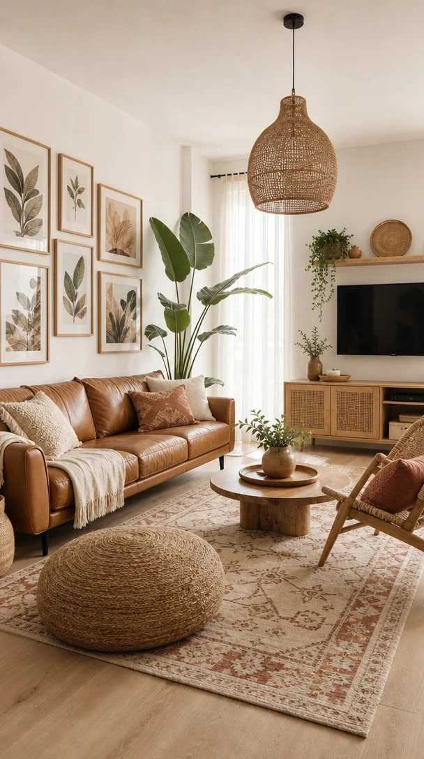 Modern Boho TV Room with a neutral modern boho TV room with cream seating, woven pendant, layered rugs and subtle natural decor
