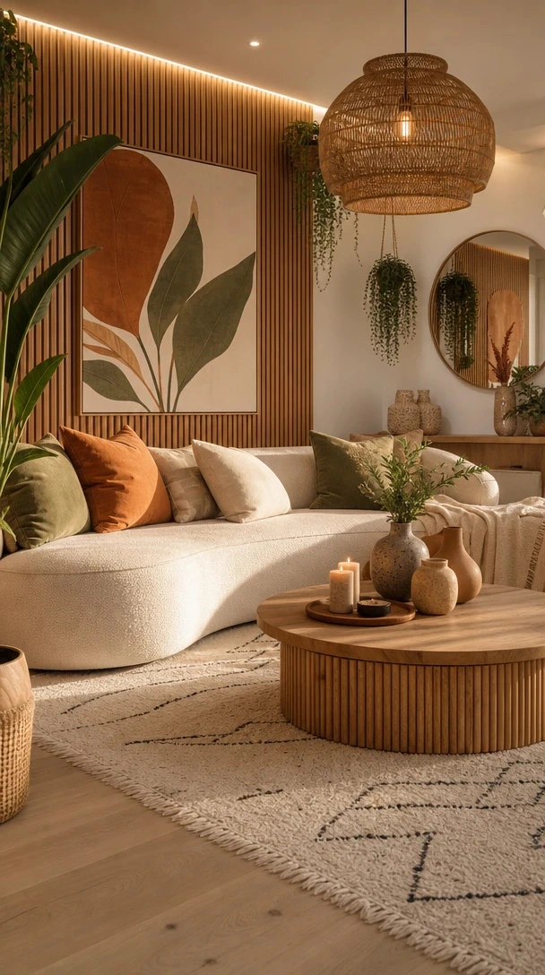Terracotta Boho Living Room with a modern boho living room with terracotta botanical art, cream sectional, round wood table and warm lighting