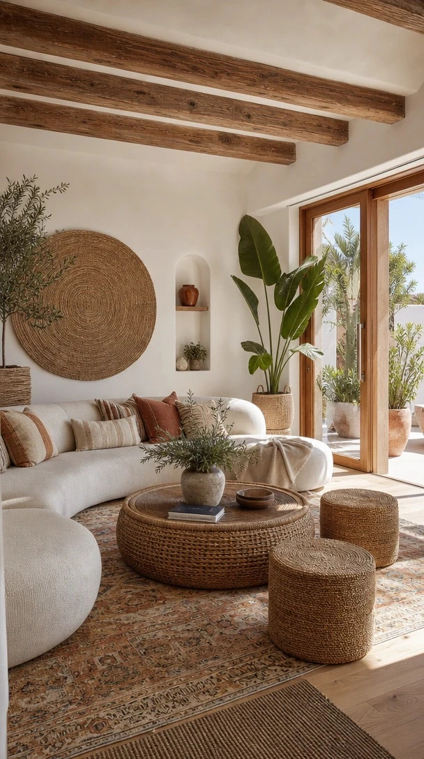 Woven Wall Decor Ideas with a modern boho lounge with woven wall baskets, exposed beams, modular cream seating and patterned textiles
